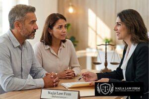 Supportive attorney at Najla Law Firm helping a client navigate the asylum process roadmap.