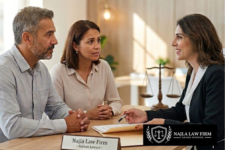 Supportive attorney at Najla Law Firm helping a client navigate the asylum process roadmap.