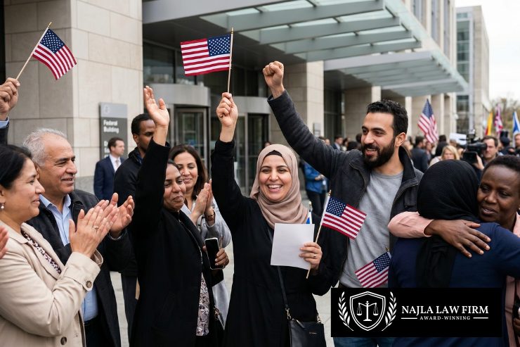 Attorney Najla sitting at her office desk in June 2026, smiling and holding an official U.S. immigration document regarding a nationwide case update.