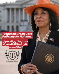 Representative Frederica Wilson in an orange hat holding a legislative binder outside the U.S. Capitol for Najla Law Firm's update on the Haitian Refugee Immigration Fairness Act.