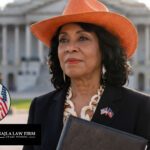 Representative Frederica Wilson in an orange hat holding a legislative binder outside the U.S. Capitol for Najla Law Firm's update on the Haitian Refugee Immigration Fairness Act.
