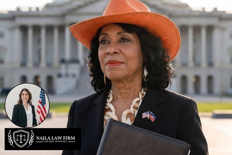 Representative Frederica Wilson in an orange hat holding a legislative binder outside the U.S. Capitol for Najla Law Firm's update on the Haitian Refugee Immigration Fairness Act.