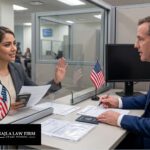 A woman holding a passport attends a U.S. visa expedited appointment with a consular officer across a glass partition at an embassy.