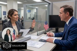 A woman holding a passport attends a U.S. visa expedited appointment with a consular officer across a glass partition at an embassy.