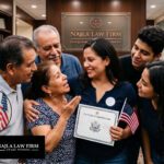 A diverse American family smiling together while filling out immigration forms at a desk, representing the process to sponsor a relative for a US visa.