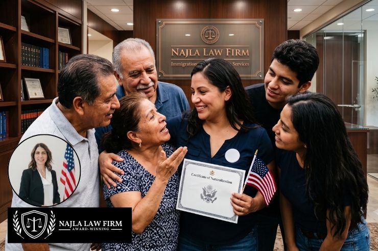 A diverse American family smiling together while filling out immigration forms at a desk, representing the process to sponsor a relative for a US visa.