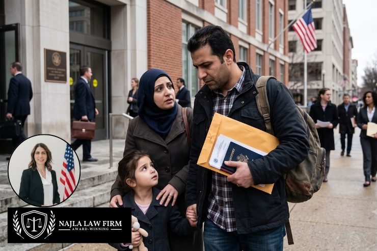 Najla Law Firm immigration attorney explaining the changing laws for asylum seekers to a client in a Stafford Texas office.