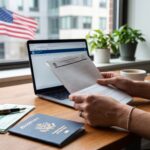 Person reviewing USCIS green card application documents alongside a U.S. passport on a wooden desk, with an American flag in the background.