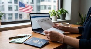 Person reviewing USCIS green card application documents alongside a U.S. passport on a wooden desk, with an American flag in the background.