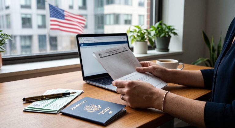 Person reviewing USCIS green card application documents alongside a U.S. passport on a wooden desk, with an American flag in the background.