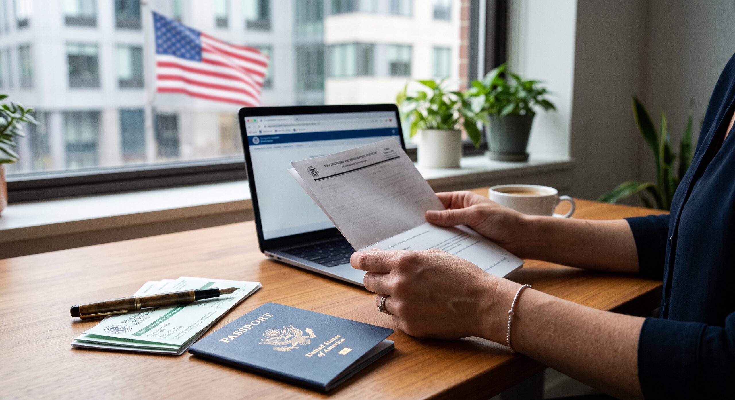 Person reviewing USCIS green card application documents alongside a U.S. passport on a wooden desk, with an American flag in the background.