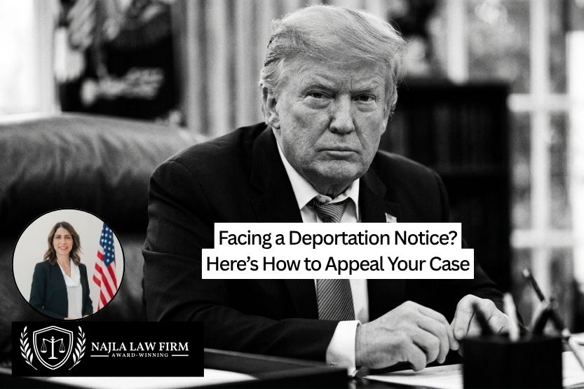 Najla Law Firm legal consultation documents showing key steps to appeal a deportation order in the US.